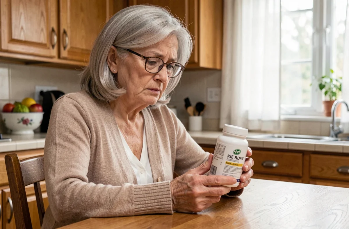 Femme senior lisant attentivement l'étiquette d'un complément alimentaire Bion 3 à la cuisine pour éviter un surdosage