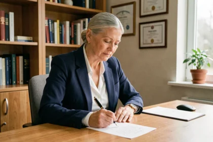 Femme senior écrivant une lettre de départ à la retraite à son bureau à domicile