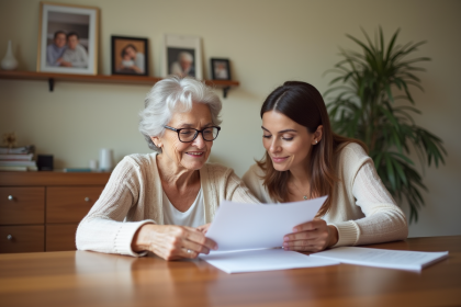 Femme senior lisant des documents avec sa fille dans un intérieur chaleureux