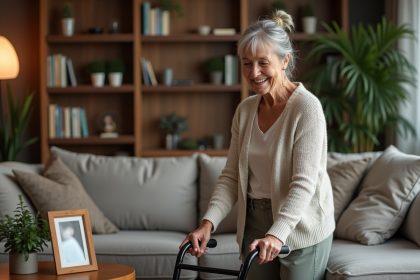 Femme senior souriante testant une marchette dans un salon chaleureux