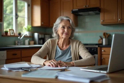 Femme de 62 ans pensant à la cuisine avec papiers et ordinateur