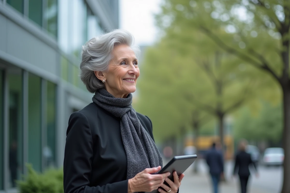 Femme senior élégante regardant au loin devant un bâtiment