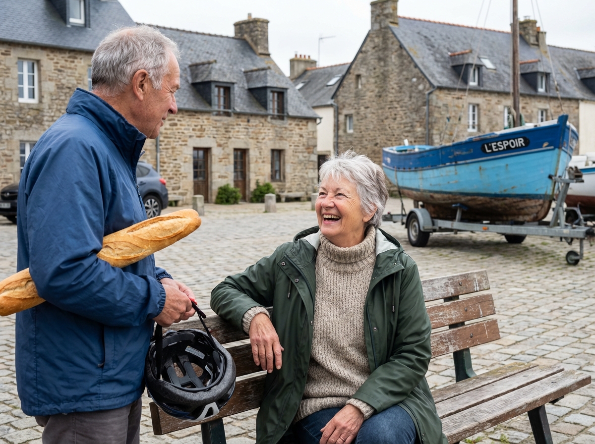 Femme senior souriante dans un village côtier breton