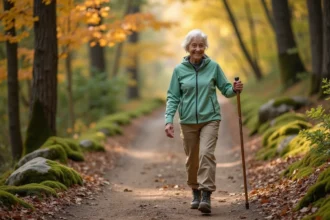 Femme senior souriante en randonnée sur un sentier forestier automnal avec bâton de marche