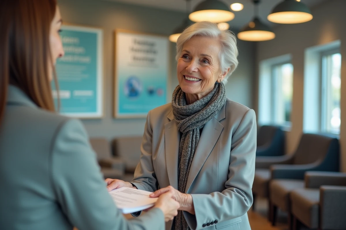 Femme senior souriante remet des papiers à une réceptionniste