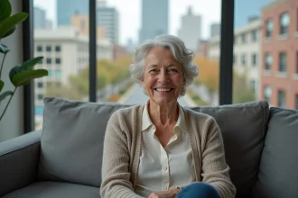 Femme senior souriante dans un salon lumineux en ville