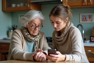 Femme senior et fille regardant un smartphone dans la cuisine