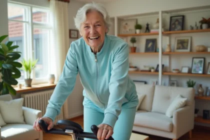 Femme senior souriante faisant du vélo d'appartement dans un salon lumineux