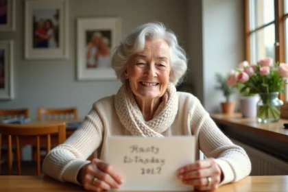 Femme souriante de 70 ans lisant une carte d anniversaire