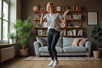 Femme souriante en tenue de sport dans un salon cosy