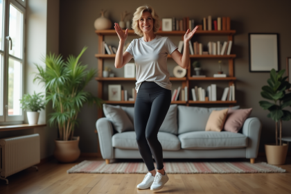 Femme souriante en tenue de sport dans un salon cosy