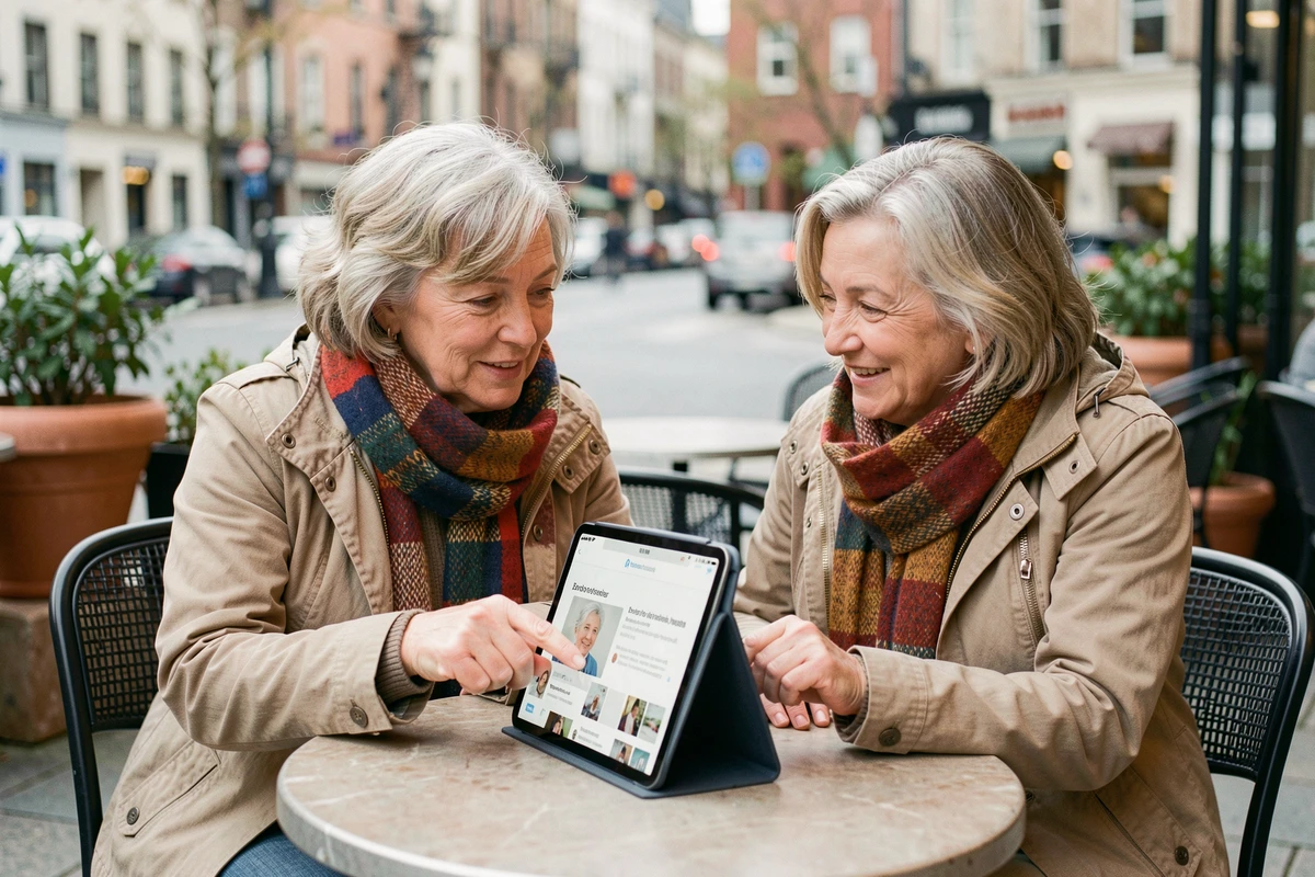 Deux femmes seniors discutant des erreurs d'inscription à Disons Demain sur une tablette en terrasse de café