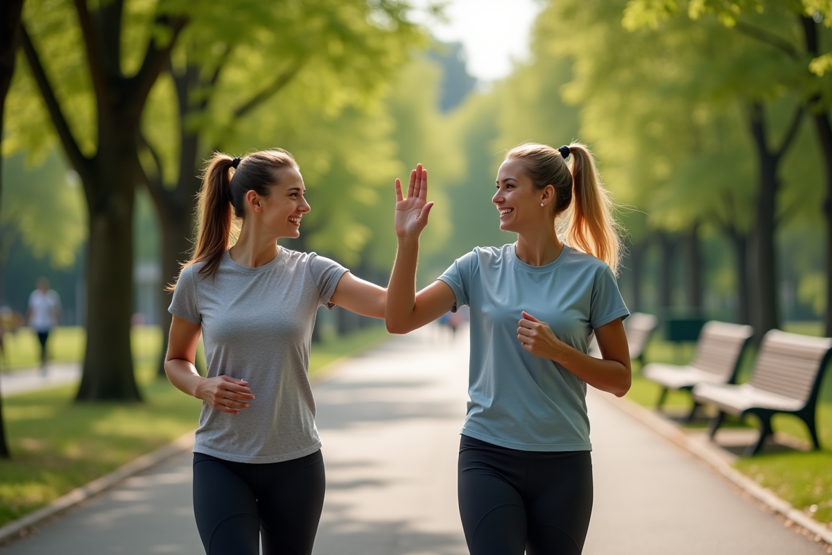 Deux femmes souriantes après une course dans un parc verdoyant