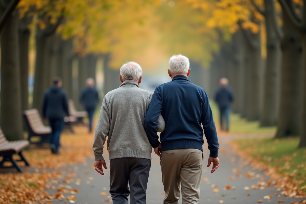 Fils aidant son père dans un parc en automne