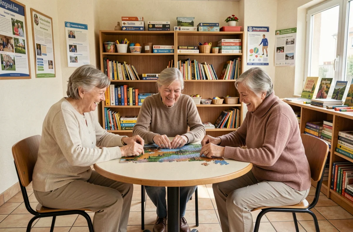 Groupe de femmes seniors jouant aux puzzles ensemble dans la salle d'activités du Foyer Résidence Émeraudes à Angoulême