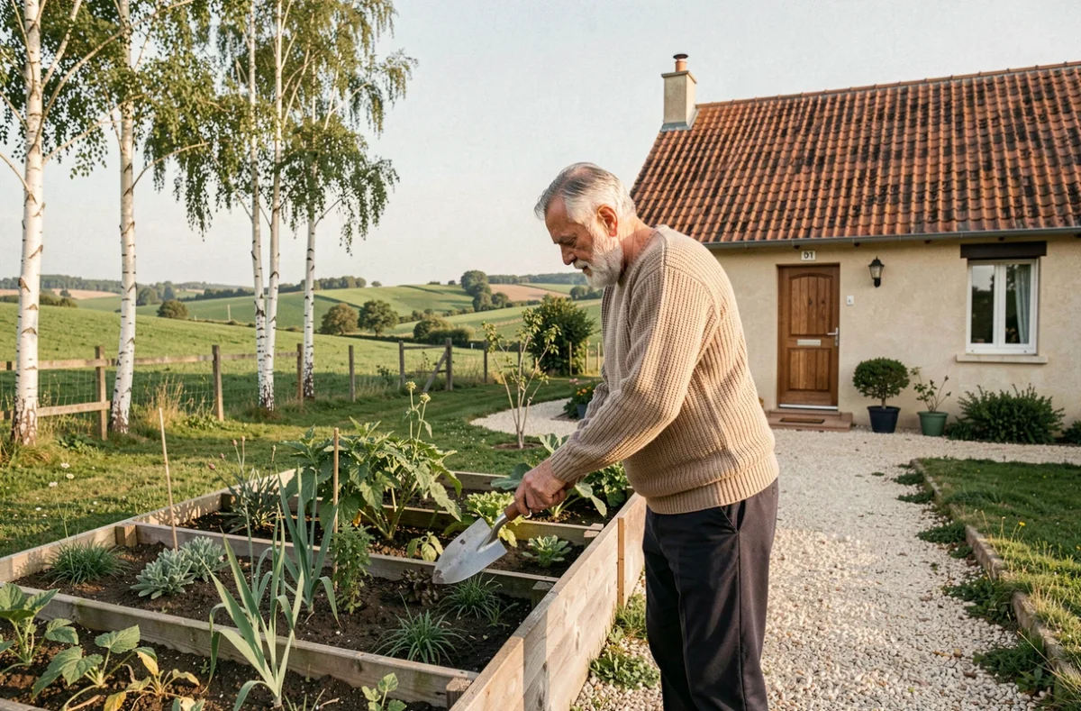 Homme senior entretenant le jardin potager du Foyer Soleil Roger Remondet à Saint-Claud, avec le bâtiment résidentiel rural en arrière-plan