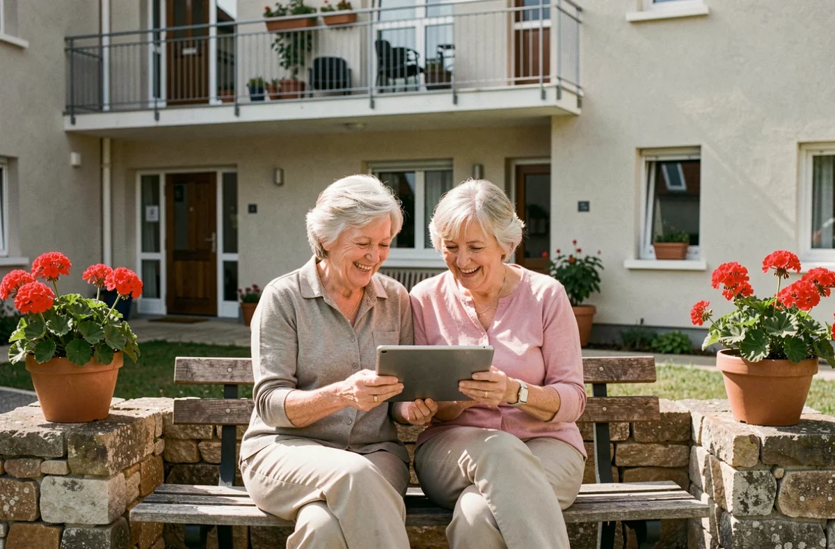 Deux femmes seniors partageant un moment de rire dans la cour ensoleillée du Foyer Soleil à Soyaux, regardant des photos sur une tablette