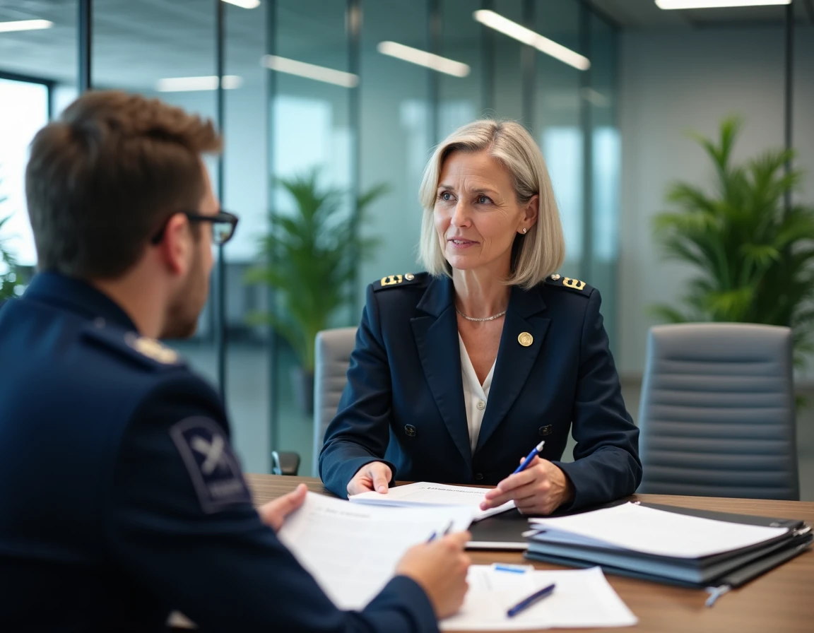 Gendarme retraitée en discussion avec un collègue sur les spécificités de la pension de retraite des sous-officiers de gendarmerie