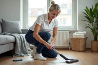 Femme de ménage en action dans un intérieur lumineux et accueillant