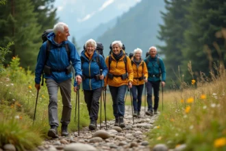 Seniors célibataires en randonnée, explorant la nature et créant des liens sociaux