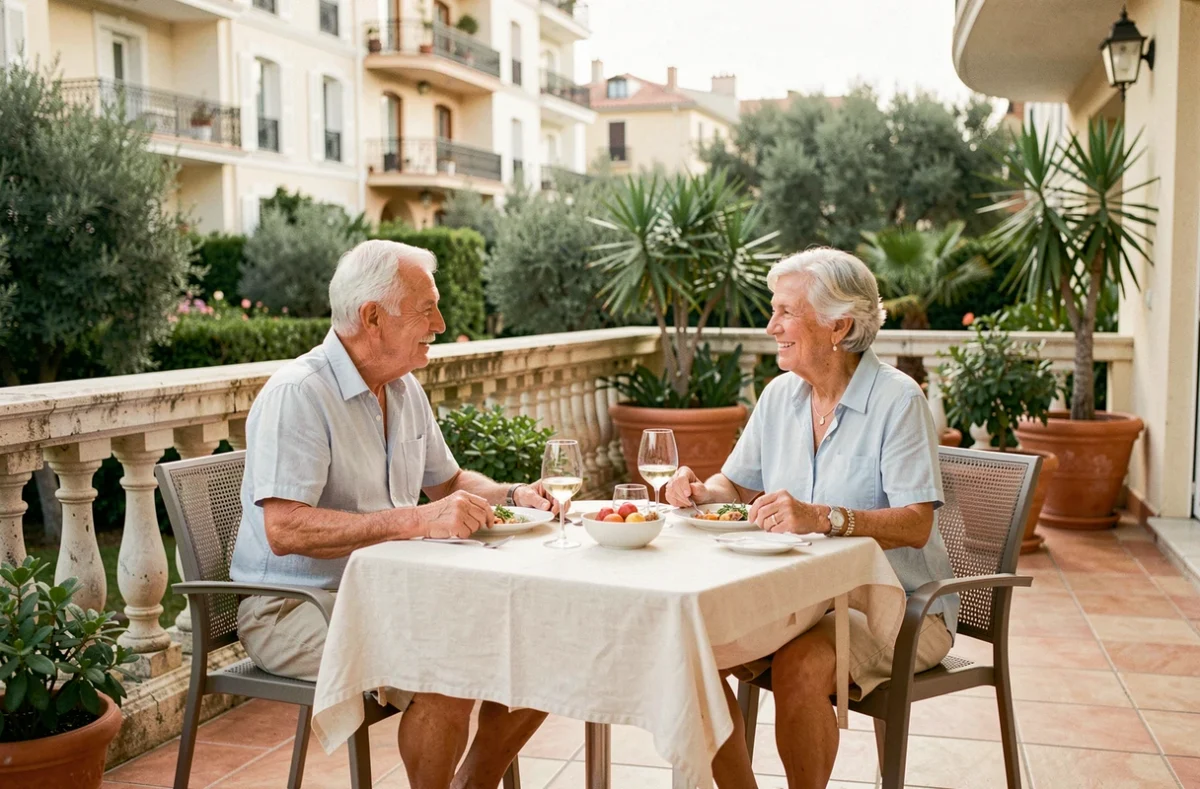 Couple de seniors dînant en terrasse à la résidence Les Girandières Marseille Prado