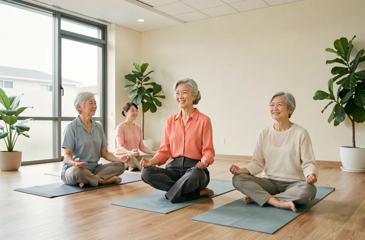 Cours de yoga en groupe dans la salle bien-être des Girandières de Marseille