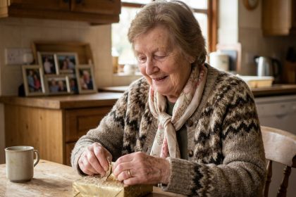 Grand-mère âgée ouvrant un cadeau dans une cuisine chaleureuse