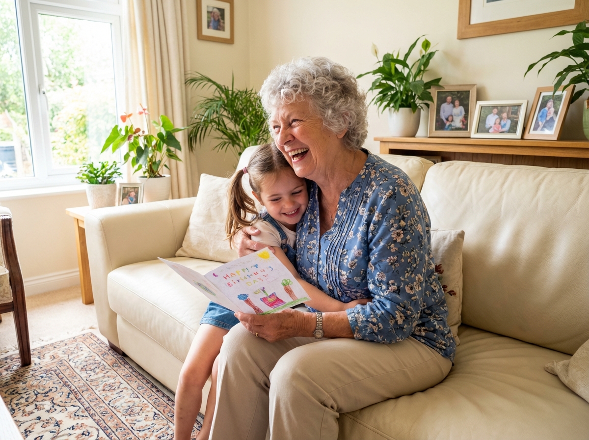 Grand-mère souriante recevant une carte de sa petite fille