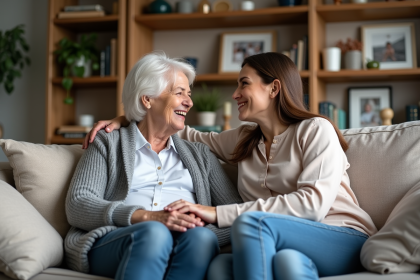 Femme âgée et sa fille discutent dans le salon chaleureux