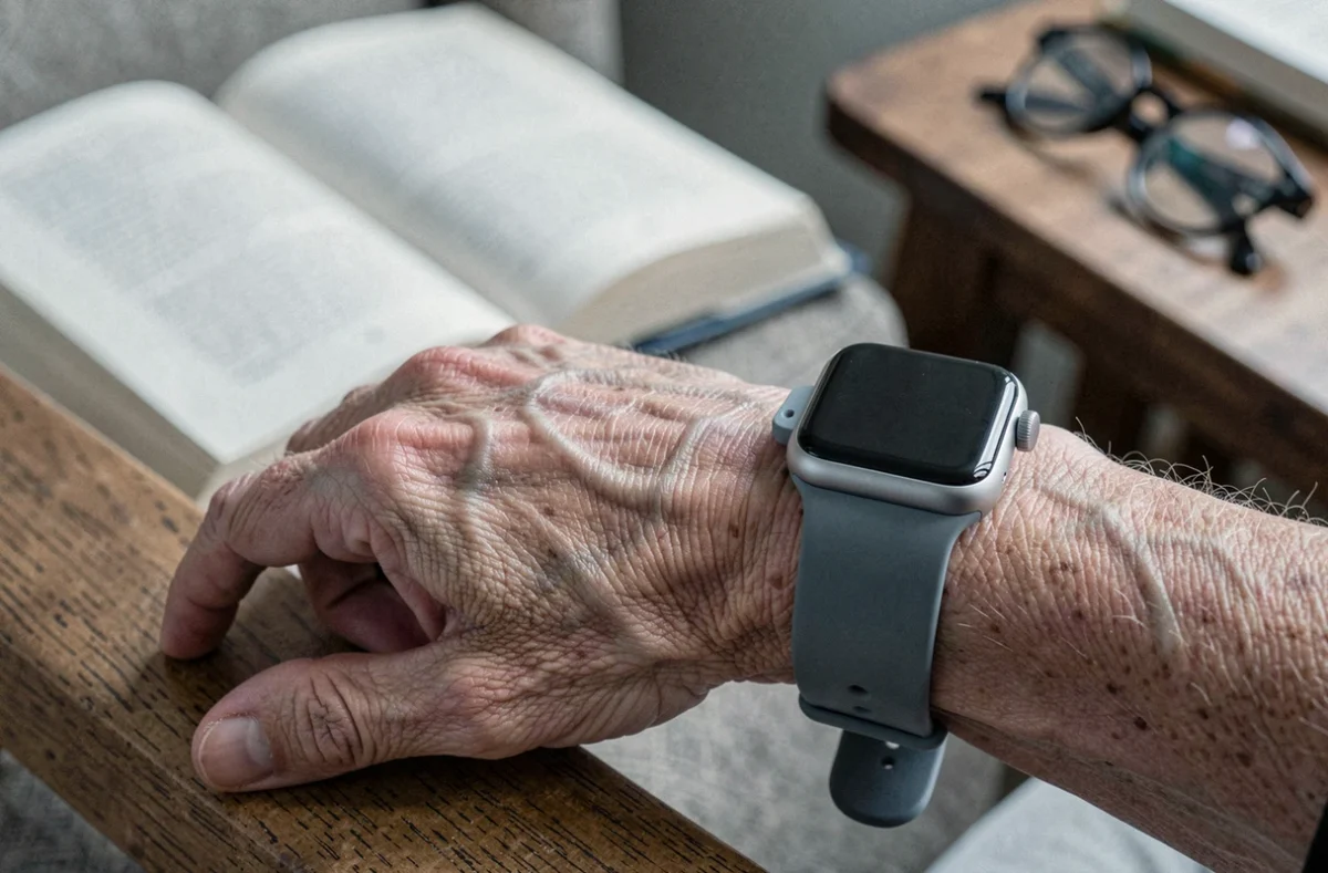 Gros plan du poignet d'une personne âgée portant une montre connectée discrète avec bracelet en silicone sur un accoudoir de fauteuil