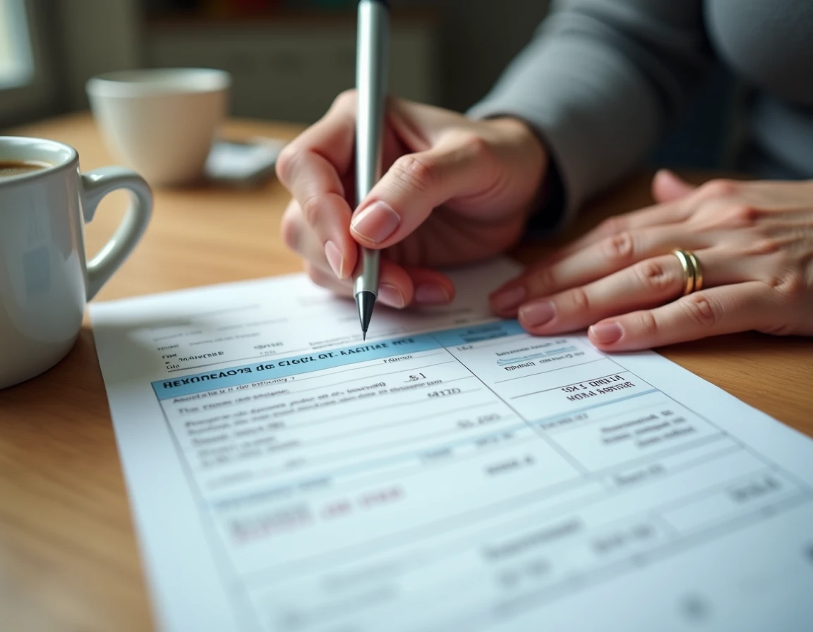 Gros plan sur les mains d'une enseignante tenant un relevé de retraite de l'Éducation nationale avec calcul de pension