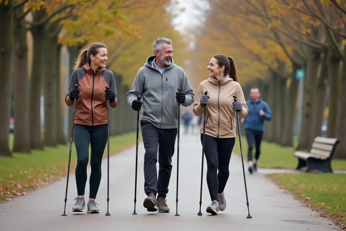 Groupe d'adultes d'âges variés pratiquant la marche nordique en parc urbain, illustrant les différentes vitesses de marche selon l'âge et le niveau