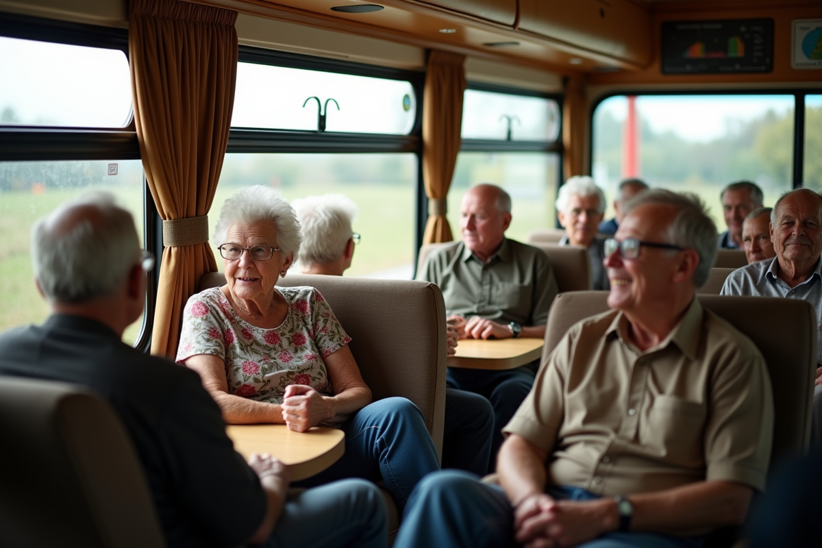 Groupe de seniors relaxant dans un bus de luxe avec vue