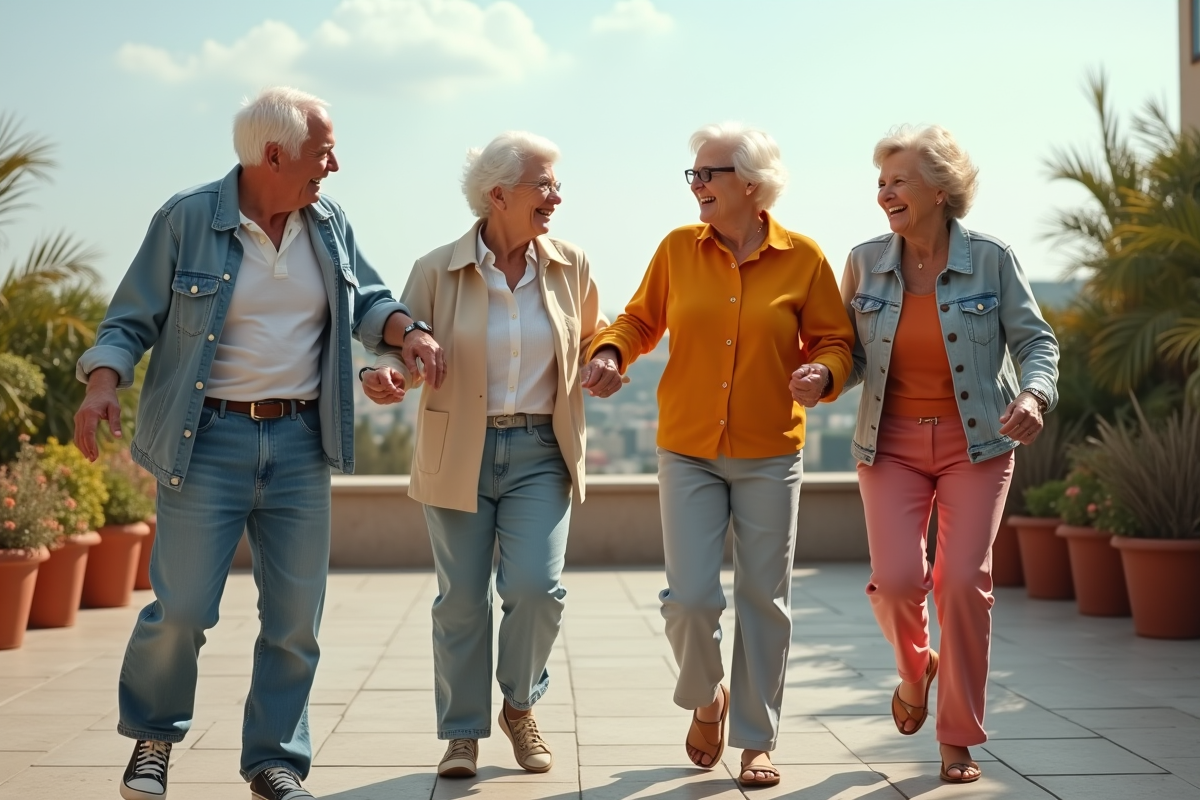 Groupe de seniors dansant en plein air sur une terrasse
