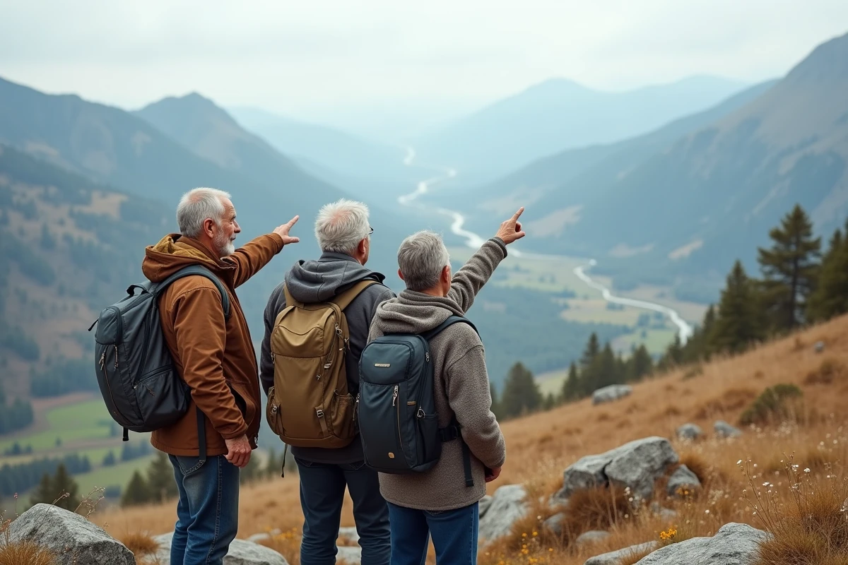 Groupe de seniors en randonnée observant un panorama de vallée depuis un belvédère de montagne