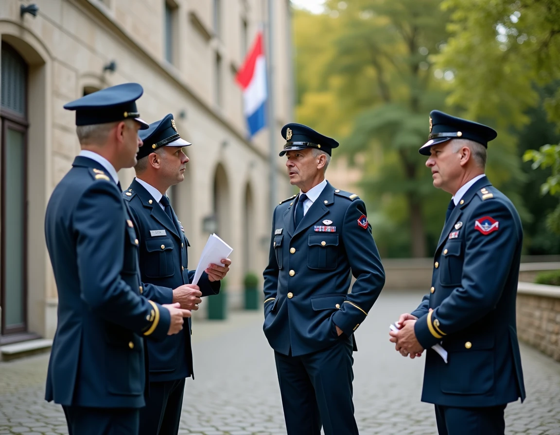 Groupe de sous-officiers de gendarmerie en uniforme devant une caserne discutant des conditions de départ à la retraite