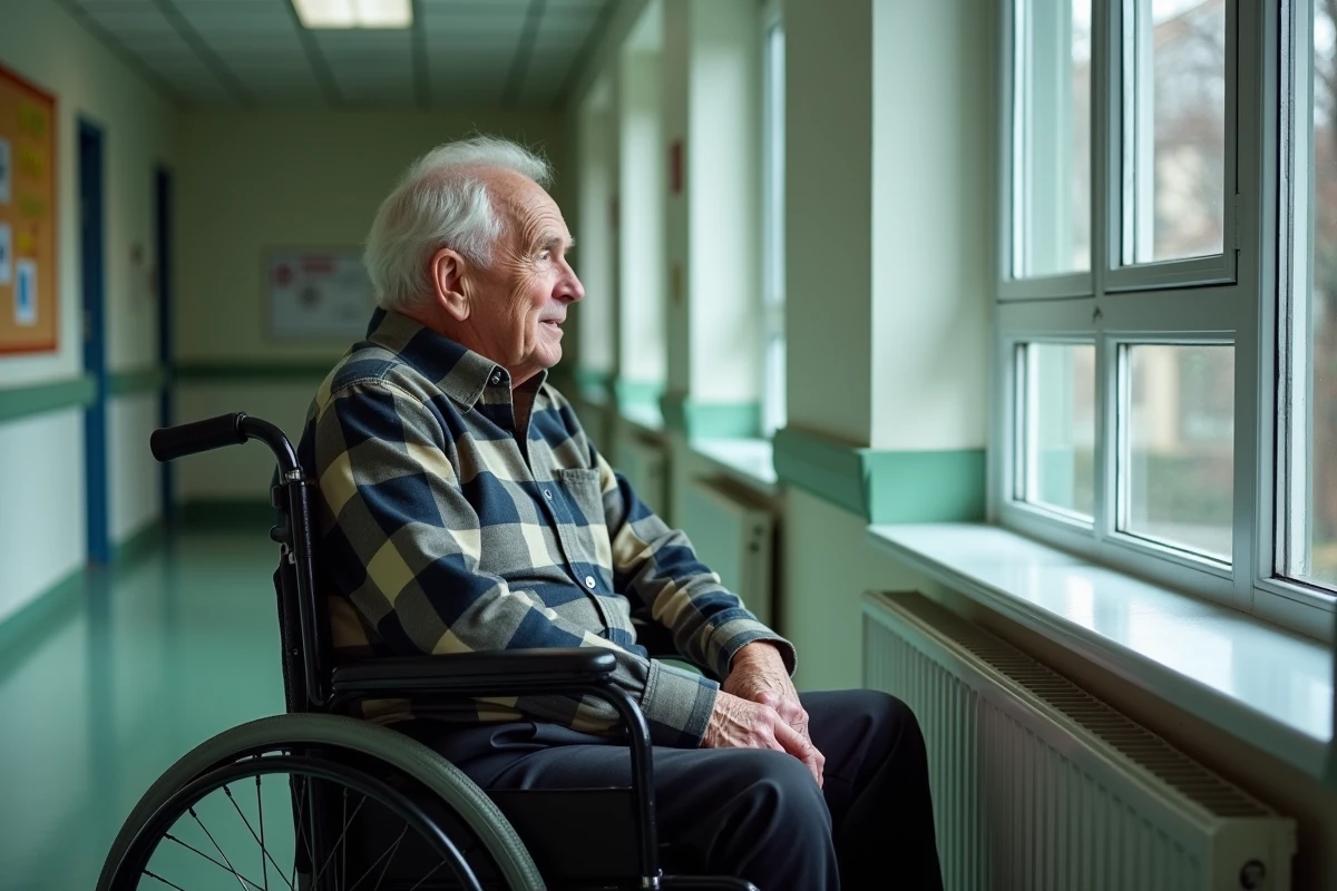 Homme âgé en fauteuil roulant dans le couloir d'une maison de retraite regardant par la fenêtre, illustrant l'isolement lié aux lacunes de l'APA