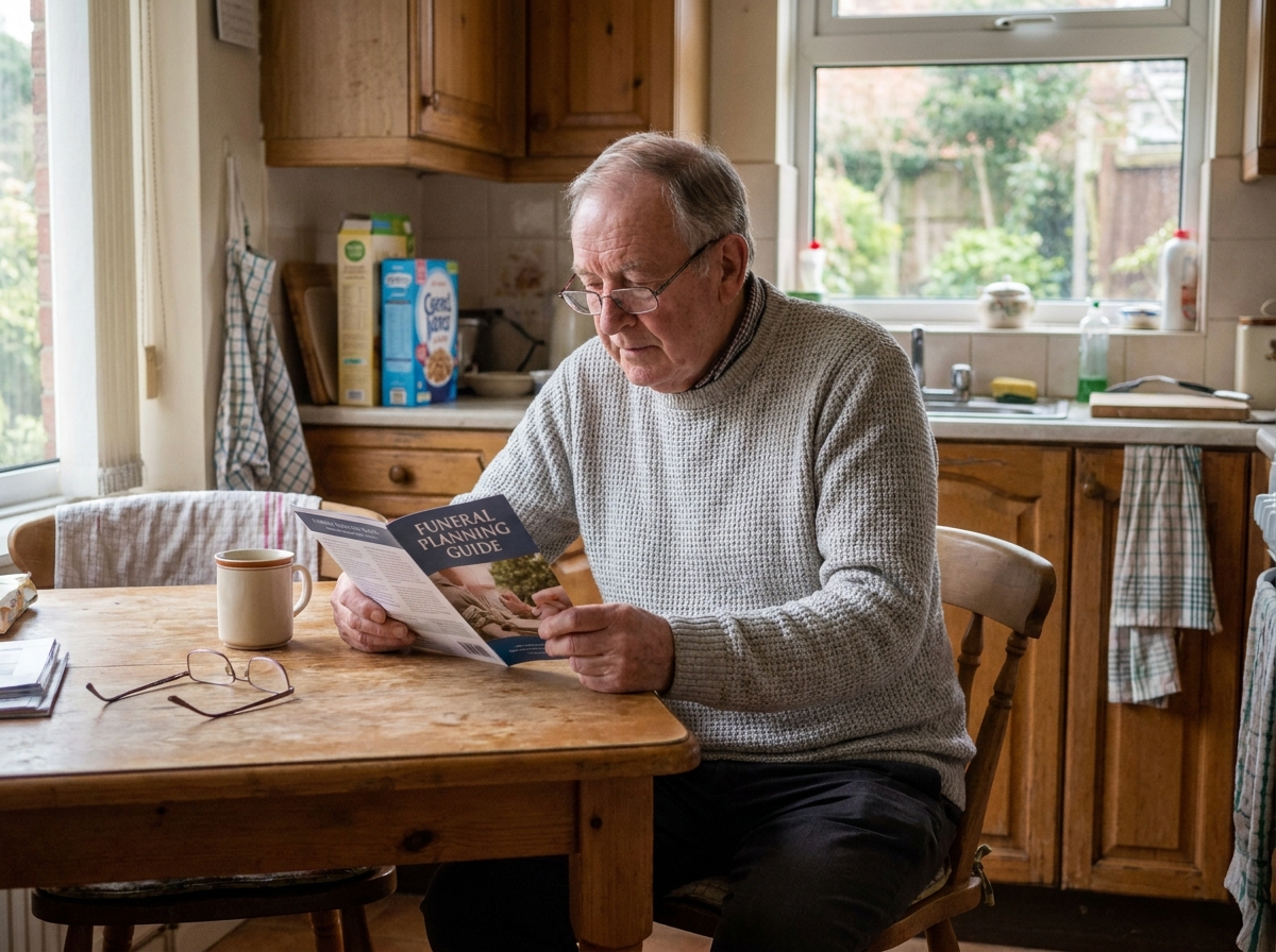 Homme âgé lisant seul une brochure sur les contrats obsèques à sa table de cuisine, dans un cadre domestique authentique