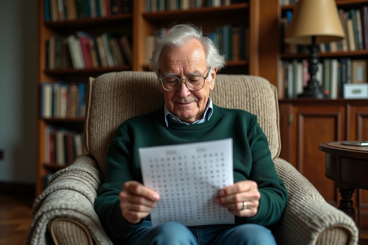 Homme âgé assis dans un fauteuil confortable tenant une feuille de mots mêlés imprimée dans un salon douillet avec des étagères de livres