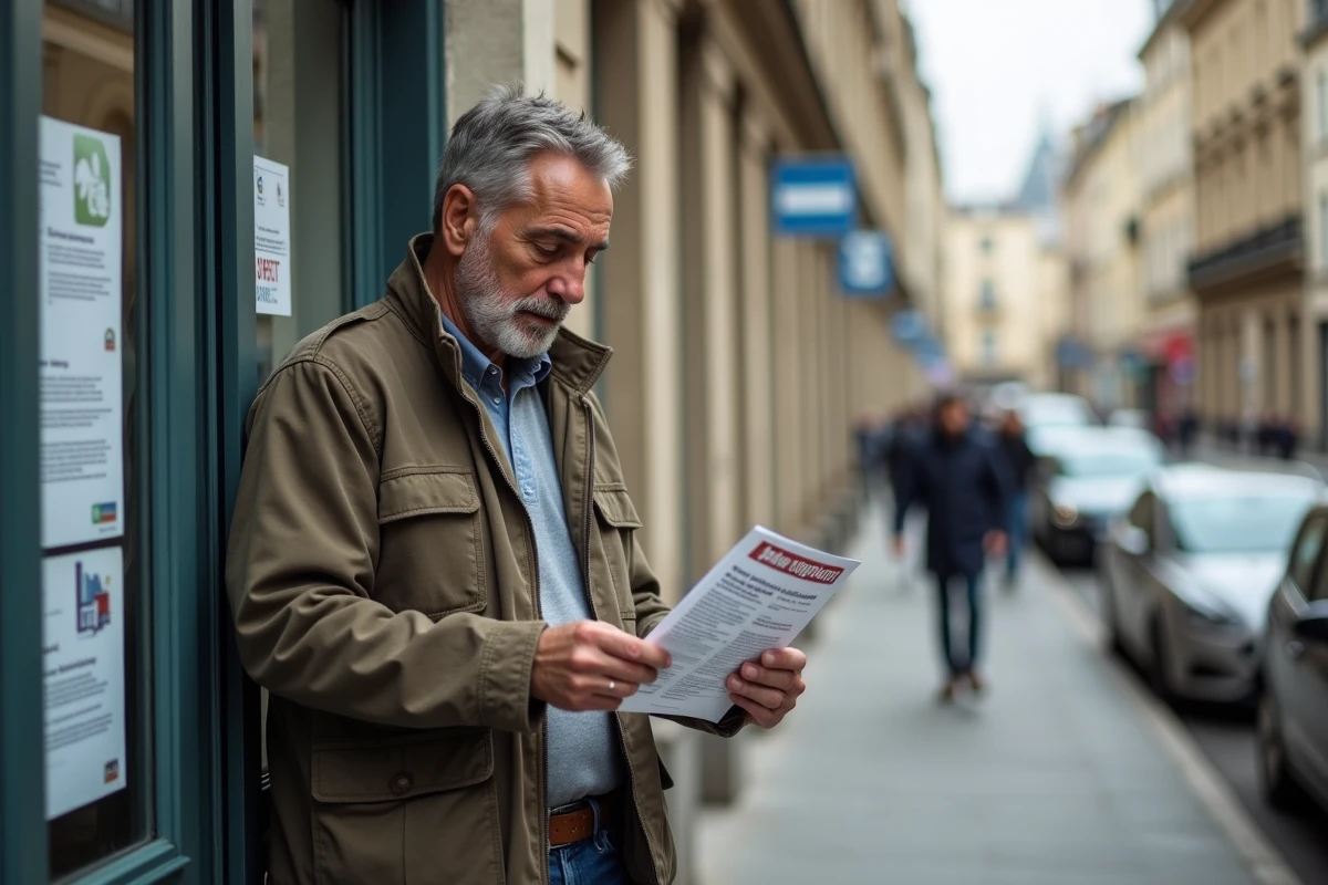 Homme devant une agence pour l'emploi tenant un document sur les droits au chômage et la retraite anticipée carrière longue