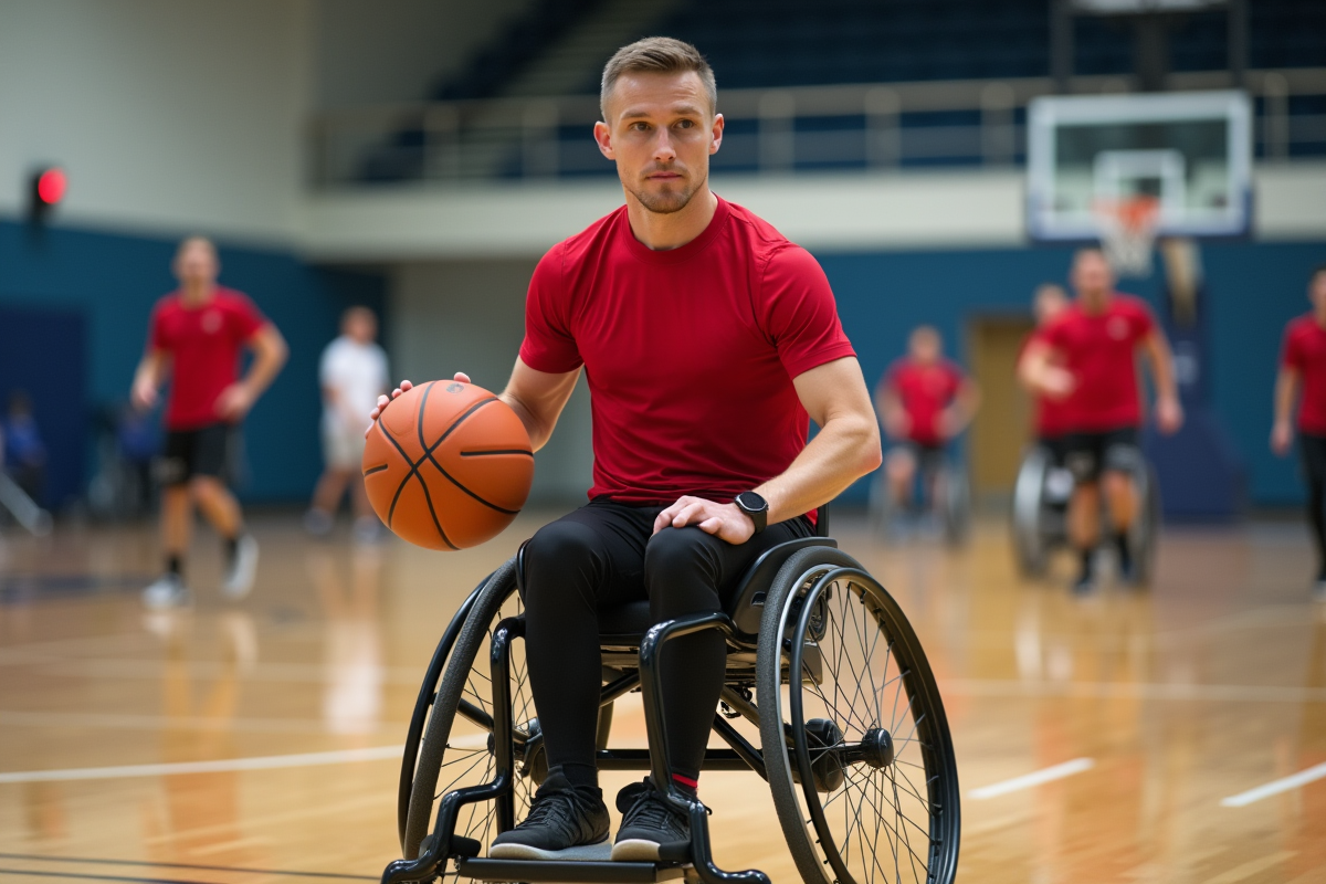 Homme en fauteuil jouant au basketball en intérieur