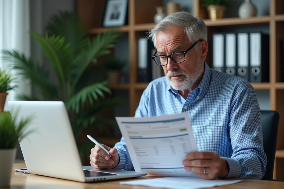 Homme consultant son relevé Agirc Arrco sur ordinateur et document papier dans un bureau à domicile