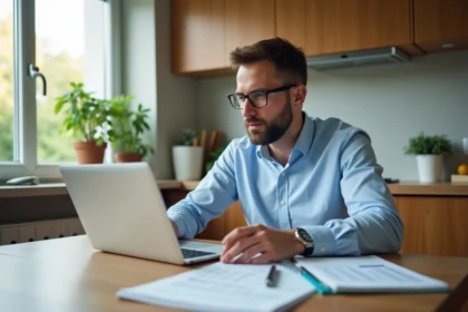 Homme en cuisine regardant son ordinateur et ses papiers de pension