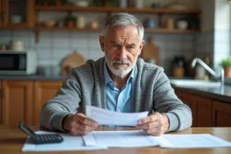 Homme d'âge moyen examinant des papiers à la maison