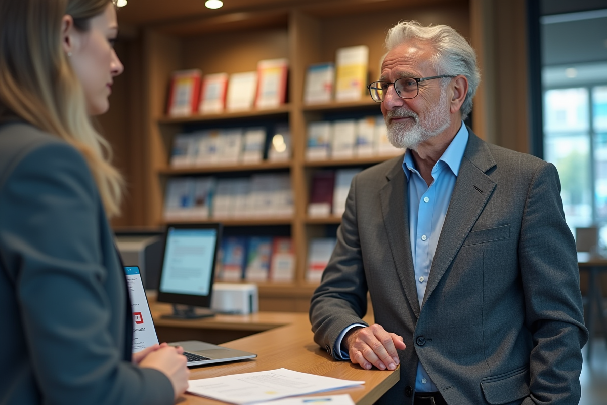 Homme d affaires discutant avec une caissière en agence bancaire