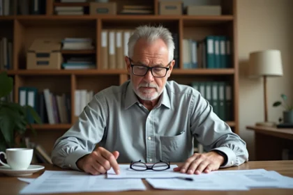 Homme de 55 ans analysant ses documents fiscaux et relevés de retraite à son bureau à domicile avant la réforme des impôts 2026