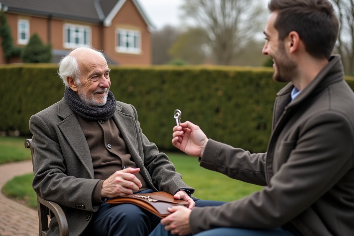 Homme senior donnant des clés à son fils dans un jardin