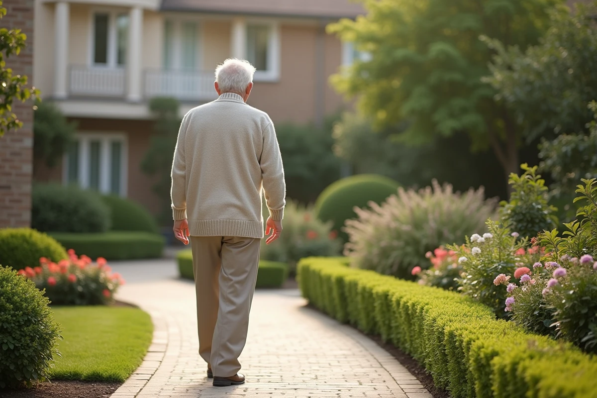 Homme senior se promenant dans un jardin paisible