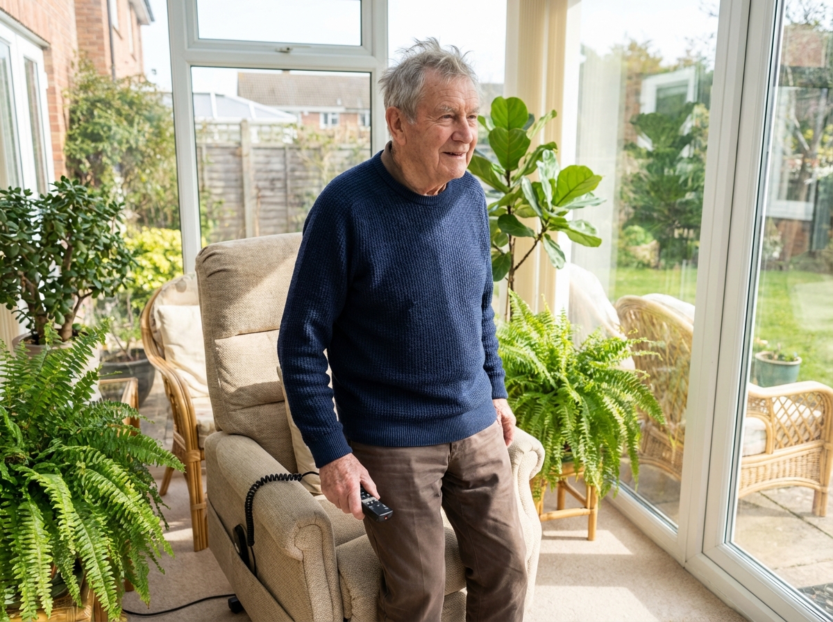 Homme age utilisant un fauteuil releveur dans un conservatoire