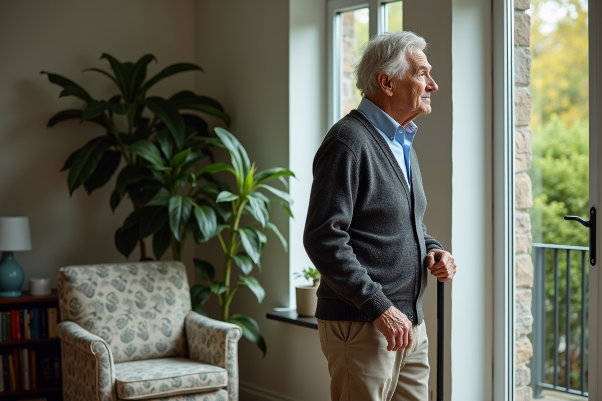 Homme âgé regardant par la fenêtre dans le salon